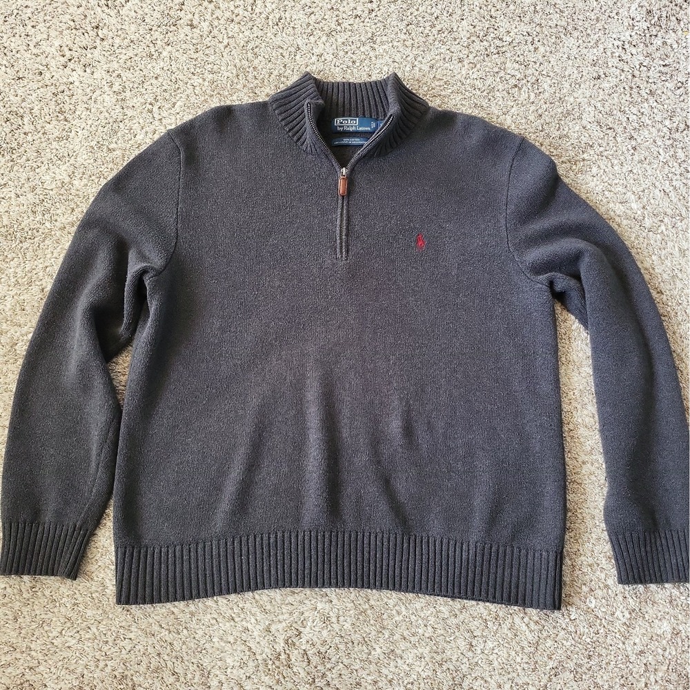 Vintage Polo Ralph Lauren Mens L 1/4 Zip Sweater Charcoal Gray Red Pony Cotton